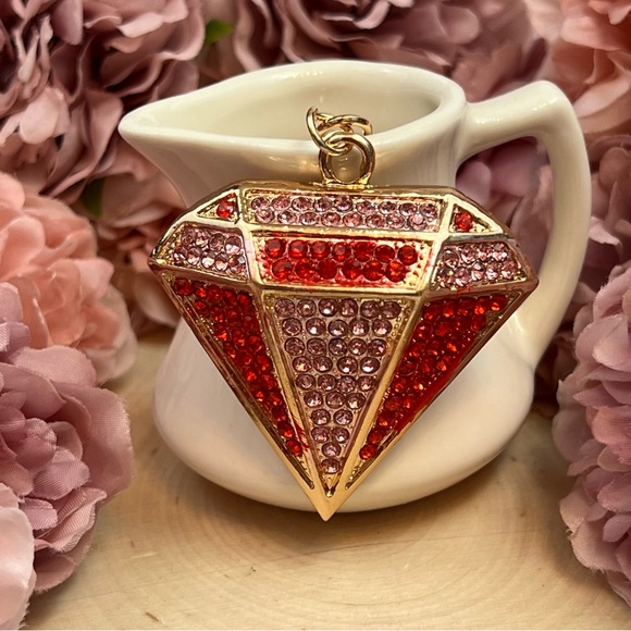 Red and Pink Crystal Gold Accented Diamond Keychain Charm - Picture 2 of 14